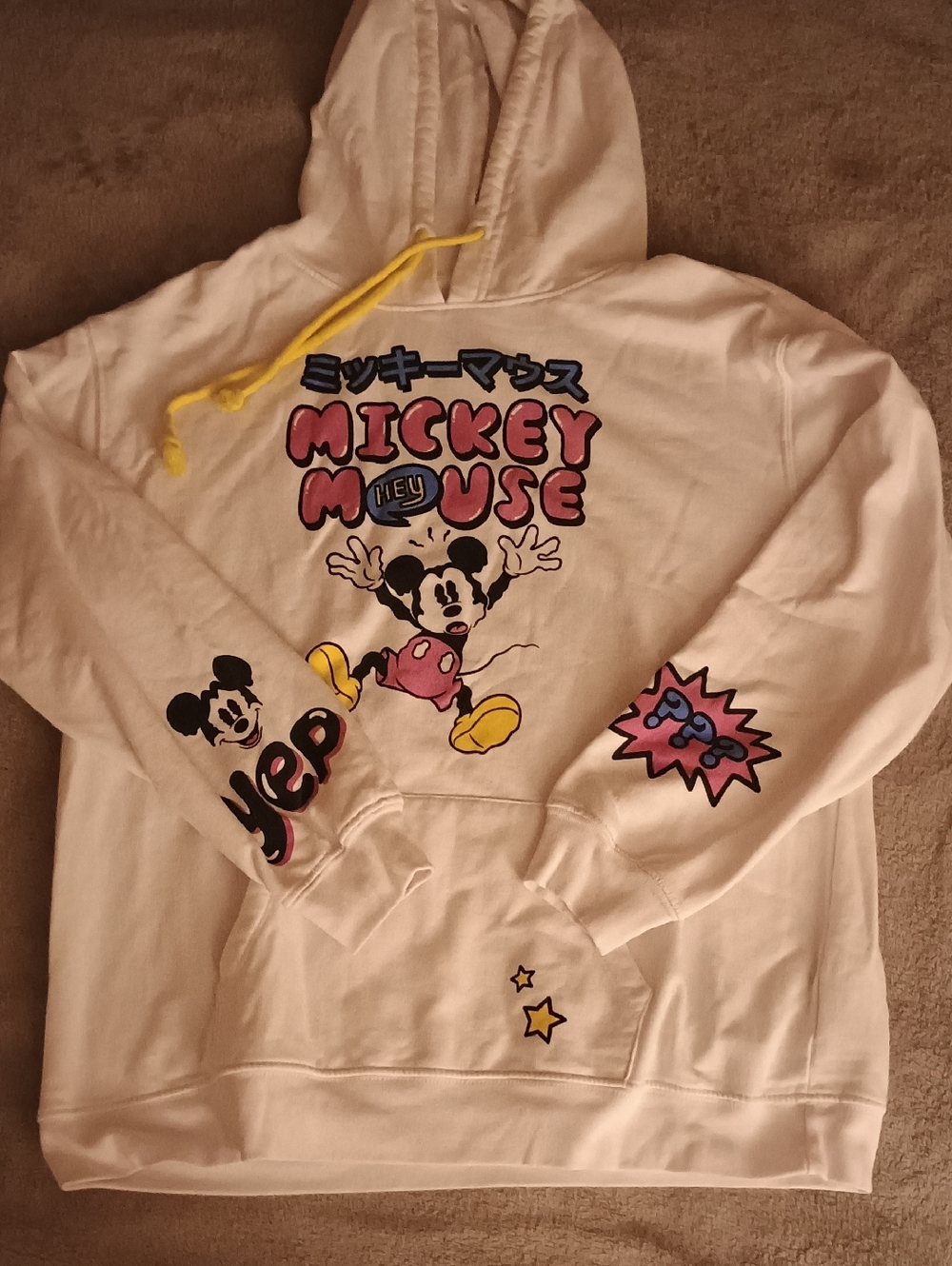 Disney White Hoodie Sweater with Pink, Yellow, Black and Blue Mickey Graphics